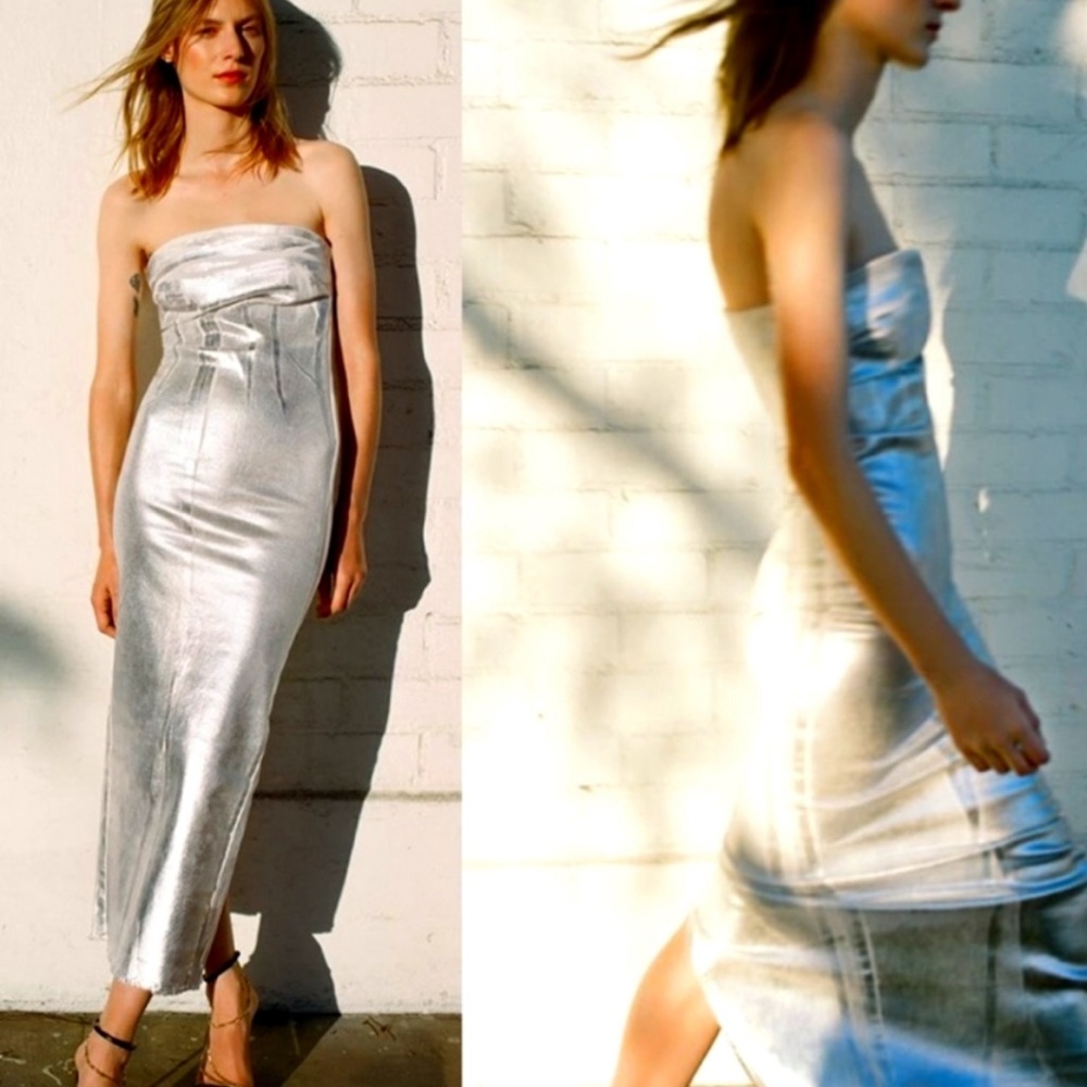 Zara silver metallic strapless dress